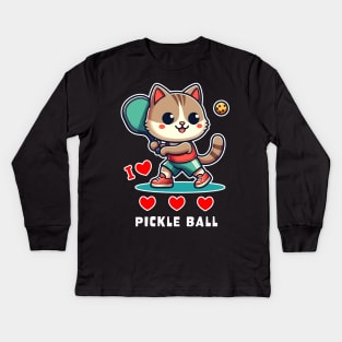 I Love Pickle Ball, Cute Cat playing Pickle Ball, funny graphic t-shirt for lovers of Pickle Ball and Cats Kids Long Sleeve T-Shirt